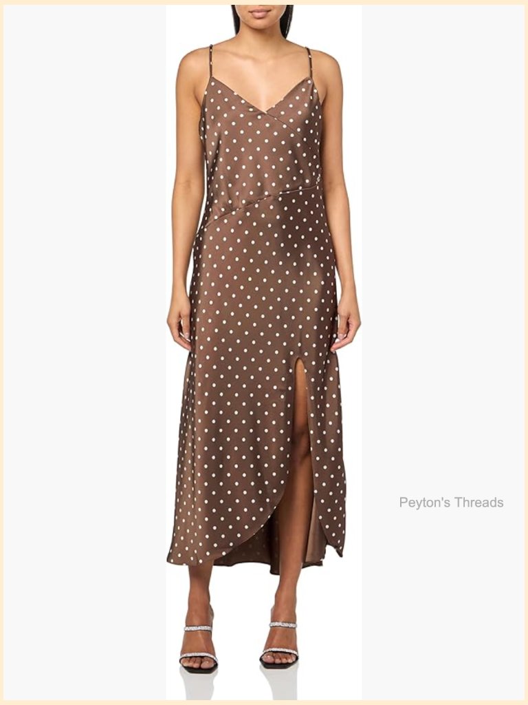 Sleeveless Slip Dress With Polka Dot Design, Faux Wrap Bodice & High Side Slit